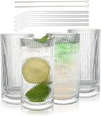 Vintage Ribbed Glassware Set with straws, 16oz Drinking Glasses, Origami Style Set of 4, Fluted Design, Ideal for Water, Iced Coffee, Juice, Beer, Milk, Cocktail, Gift