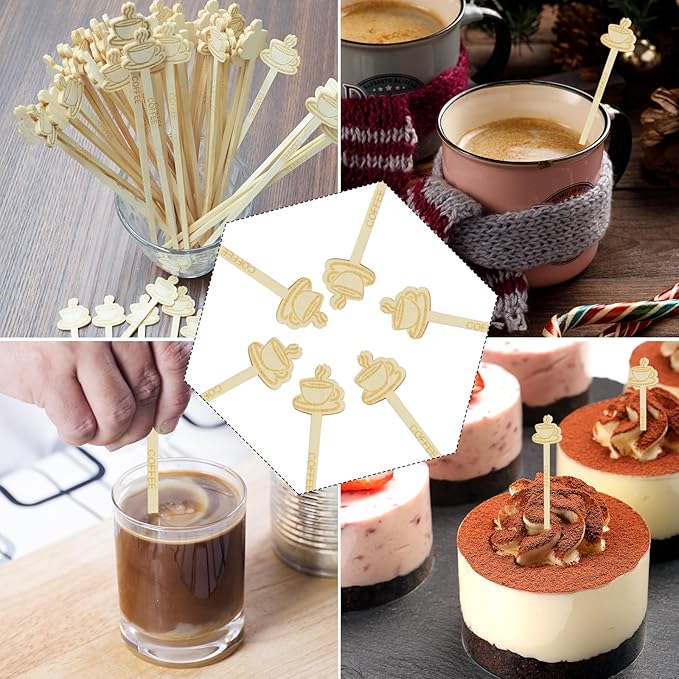 60Pcs Coffee Stirrers Stir Sticks-7Inch Bamboo Coffee Stirrers Beverage Mixer with Coffee Ends Disposable Eco-Friendly Biodegradable Cafés Sticks for Christmas Office Milk Tea Bar Hot Drinks