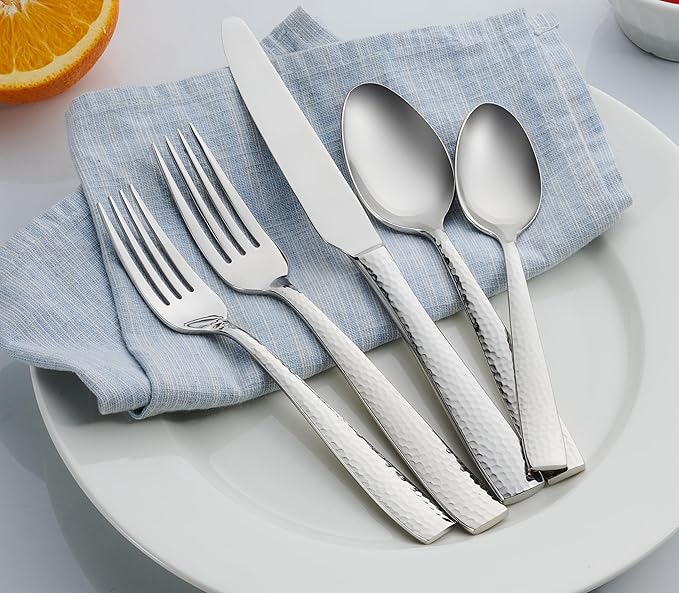 Hudson Essentials 89-Piece Hammered 18/10 Stainless Steel Silverware Cutlery Set with Serving Set, Flatware Service for 12