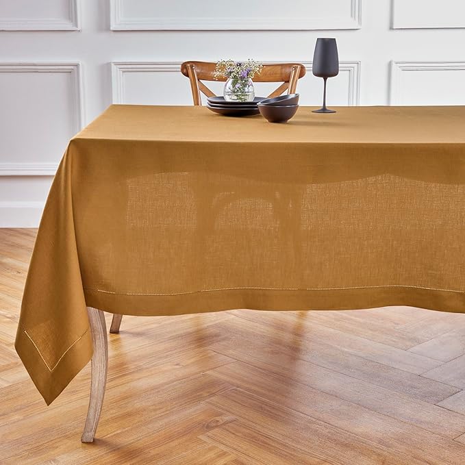 Solino Home Brown Sugar Linen Tablecloth 60 x 120 Inch - Classic Hemstitch, 100% Pure Linen Rectangular Tablecloth - Machine Washable Table Cloth for Summer, Fall, Autumn