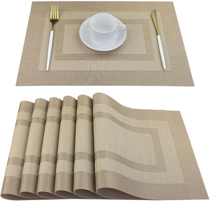 PIGCHCY Placemats Set of 6,Washable Woven Vinyl Kitchen Table Mats Non Slip Placemats,Heat Resistant Durable Placemats for Dining Table (Beige)