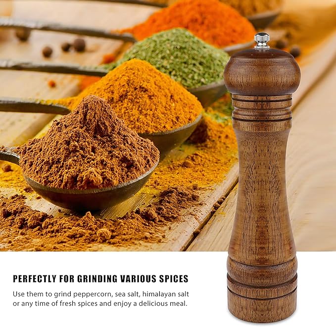 Pepper Grinder - 8 inch Pepper Mill Oak Wooden Pepper Mill Grinder Refillable Grinder Pepper with Ceramic Grinding Mechanism Adjustable Coarse to Fine (1 Pack)