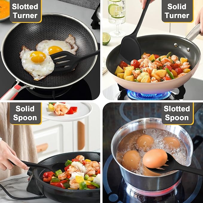 P&P CHEF Kitchen Utensil Set, 4 Pieces Non-stick Silicone Cooking Utensils, Heat-resistant Slotted Solid Spoon Turner for Frying, Mixing, Serving, Non-toxic & Easy to Clean, Black