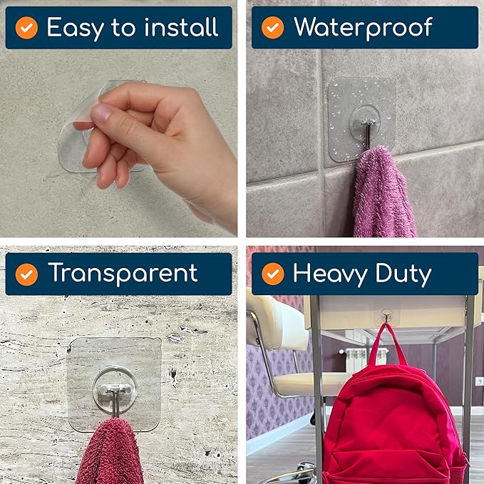 GLUIT Adhesive Wall Hooks for Hanging Heavy Duty 22 lbs Hooks for Walls No Damage, Towel Sticky Clear Hook, Waterproof, Home, Bathroom, Kitchen, Office, and Outdoor 12 Pack