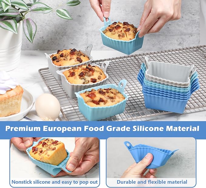 Koluti Nonstick Silicone Muffin Baking Cups Pack of 12, Reusable Cupcake Molds with Double Handle, BPA Free, Mini Rectangle Air Fryer Cupcakes Liner, 3 Colors