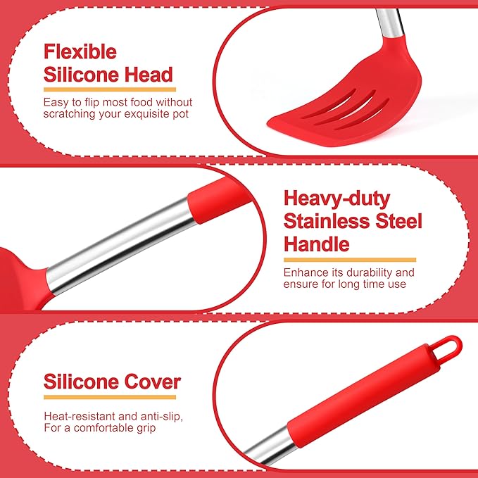 P&P CHEF Red Kitchen Cooking Utensil Set of 4, Silicone Solid Spatulas Slotted Spoons Turners for Non-stick Cookware Flipping Mixing, Heat-proof