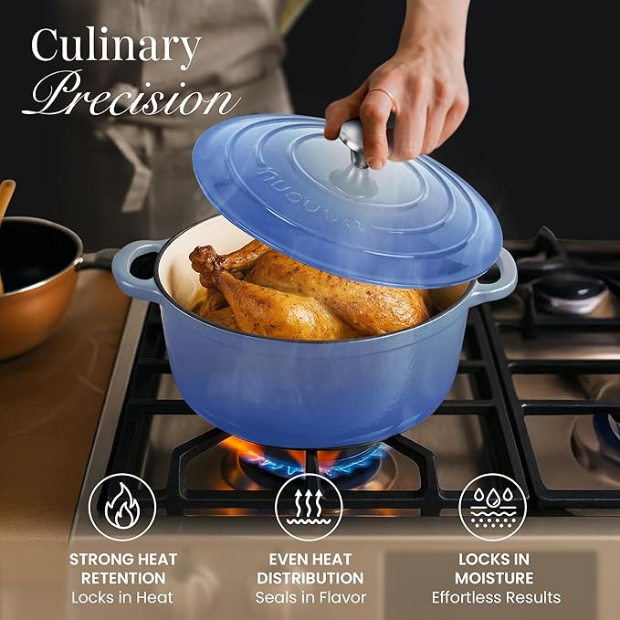 Nuovva Enamelled Cast Iron Dutch Oven Pot with Lid 6.4 Quart Non Stick Casserole Pot – Heavy Duty & Oven Safe up to 500° F for Bread Baking, Braising, Stews, Roasting – 28cm Costal Blue