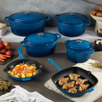 BergHOFF 10Pc Neo Enameled Cast Iron Cookware Set, Matching Lid, Oven Safe Up To 400°F, Blue