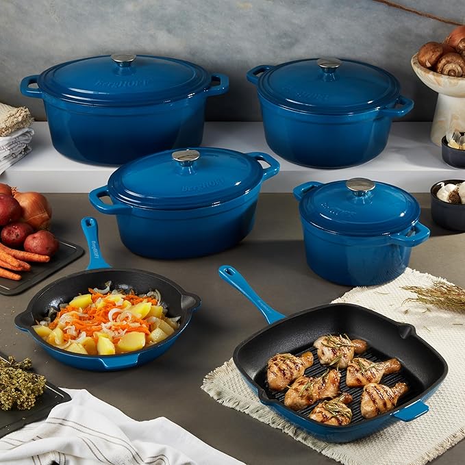 BergHOFF 10Pc Neo Enameled Cast Iron Cookware Set, Matching Lid, Oven Safe Up To 400°F, Blue