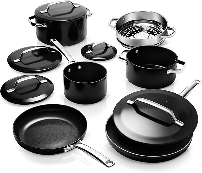 Gotham Steel Modern 11 Pc Ceramic Pots and Pans Set Non Stick, Professional Elegant Kitchen Cookware Sets with Steamer for Cooking, Non Toxic Made without PFOS PFOS, Dishwasher & Oven Safe