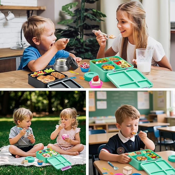 Bento Lunch Box with 9.5 oz Soup Thermo, Kids Leakproof 4 Compartments Bento Box with Silicone Cupcake,Fruit Fork,Spoon and Sauce Cup,Insulated Food Jar for School Travel-Green