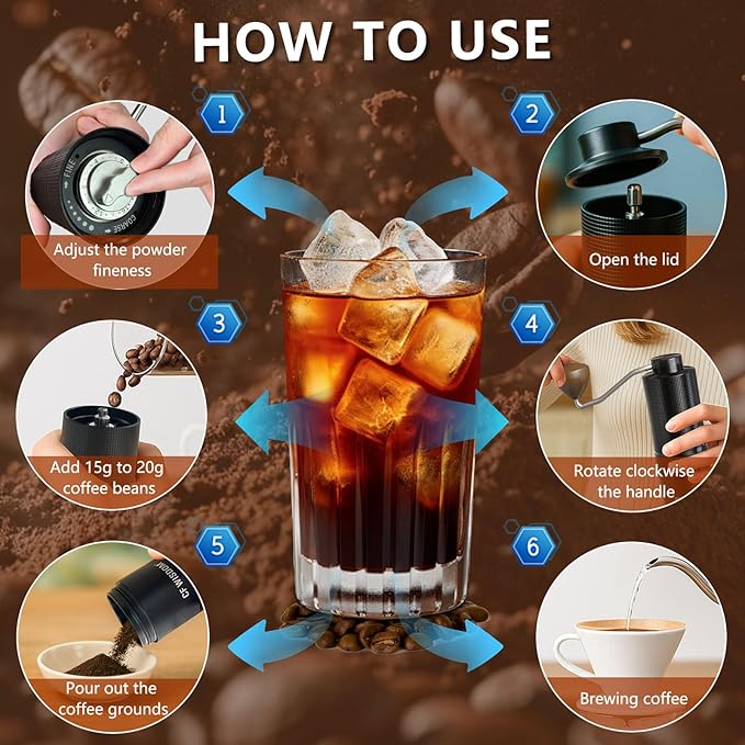 Manual Coffee Grinder with Adjustable Grind Setting - Steel Burr Hand Grinder for Espresso, French Press, Pour Over - Portable Coffee Bean Grinder for Travel, Office