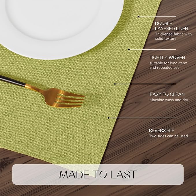 Romanstile Cloth Placemats Set of 6-12 x 18 Inch, Heat Resistant Double Layered Thickened Burlap Place Mats, Washable Faux Linen Farmhouse Table Mats for Kitchen/Dining/Party/Outdoor, Green