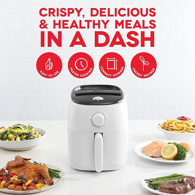 DASH Tasti-Crisp™ Electric Air Fryer Oven, 2.6 Qt., White – Compact Air Fryer for Healthier Food in Minutes, Ideal for Small Spaces - Auto Shut Off, Analog, 1000-Watt