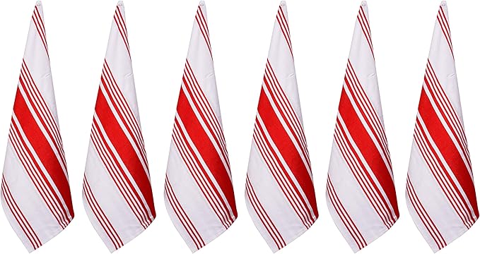 Urban Villa Kitchen Towels 100% Cotton Pack of 6, Highly Absorbent Quick Drying Super Soft Premium Dish Towels for Kitchen with Hanging Loop Hand & Tea Towels - 20x30 Inch, (Red & White, Striped)