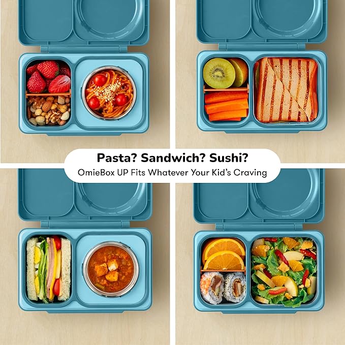 Omie OmieBox UP bento Box for Kids | Insulated Lunch Box | Leak Proof Vacuum Insulated Thermal Food jar | Cooler ice Pack | 2 Compartments (Teal Green)