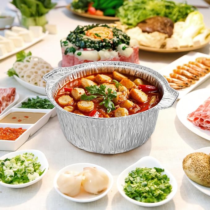 Frcctre 10 Pcs Disposable Aluminum Pot with LidS, Disposable 2 Liter Round Aluminum Foil Pan Food Container for Camping Vacation Trips Picnic Heating Cooking