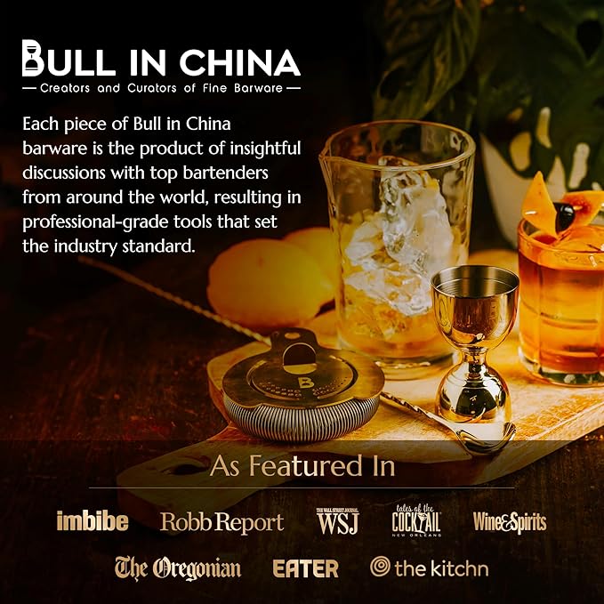 4 Piece Cocktail Kit by Bull In China - Premium Bartender Gift Set Includes Flagship Mixing Glass, 12 inch Barspoon, Bell Jigger & Hawthorne Strainer For Professional & Home Bars (Stainless Steel)