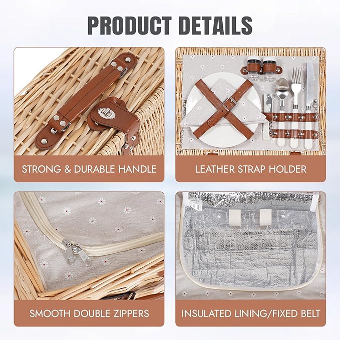 HappyPicnic Picnic Basket Set for 2 - Wicker Picnic Basket with Waterproof Blanket & Insulated Liner, Large Handmade Willow Hamper with Cutlery Kit for Outdoor, Picnic, Camping, Holidays (Flower)