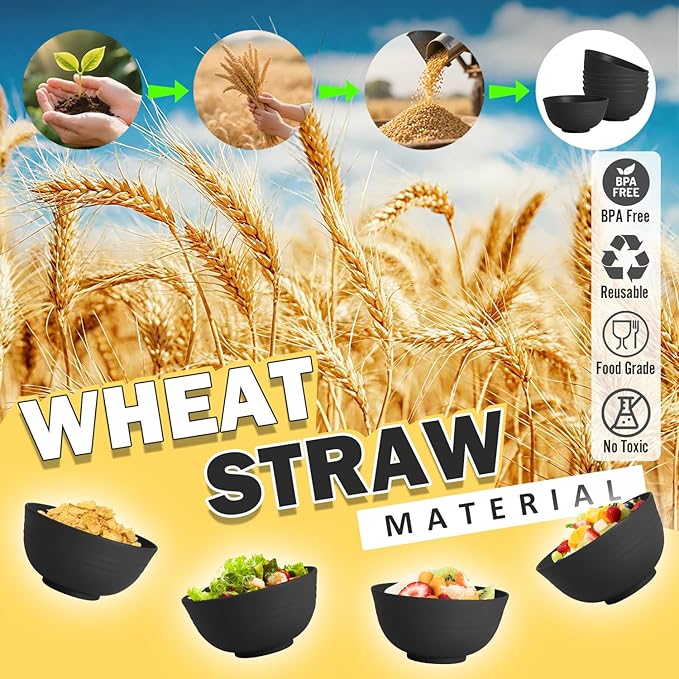 Wheat Straw Bowls Set of 6, Unbreakable Lightweight 26 OZ Cereal Bowls for Kitchen, Reusable Salad Bowl, Microwave & Dishwasher Safe Bowl Set, Black