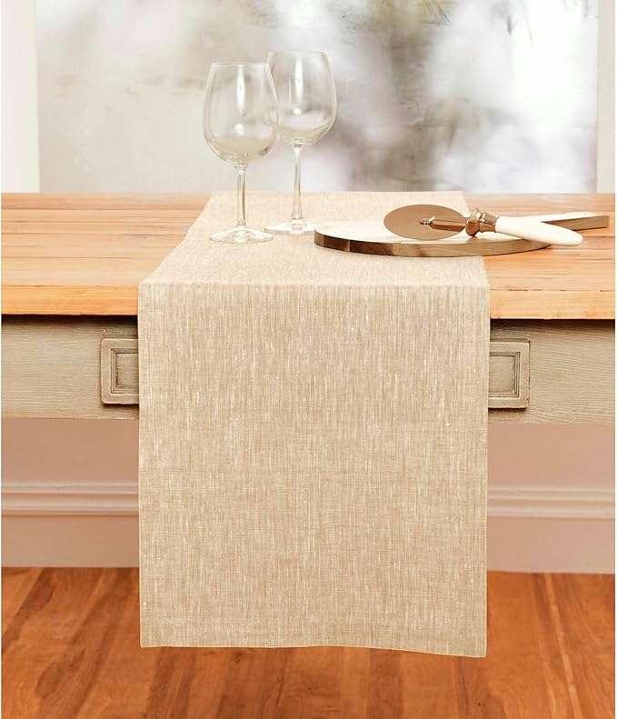 Solino Home Linen Champagne Beige Table Runner 108 Inches Long - Athena, 100% Pure Linen Dining Table Runner 14 x 108 Inch for Summer, Fall, Autumn