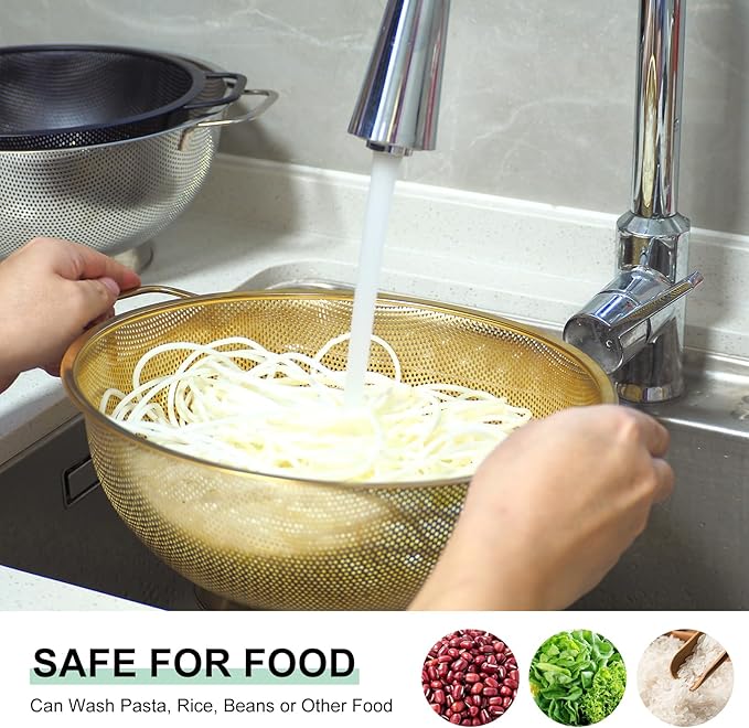 3PCS Three Colors Mix Colander Set, 3QT Black & 4QT Silver & 5QT Gold, Stainless Steel Pasta Strainer with Handle for Prepping Washing Draining Storing Food, Dishwasher Safe