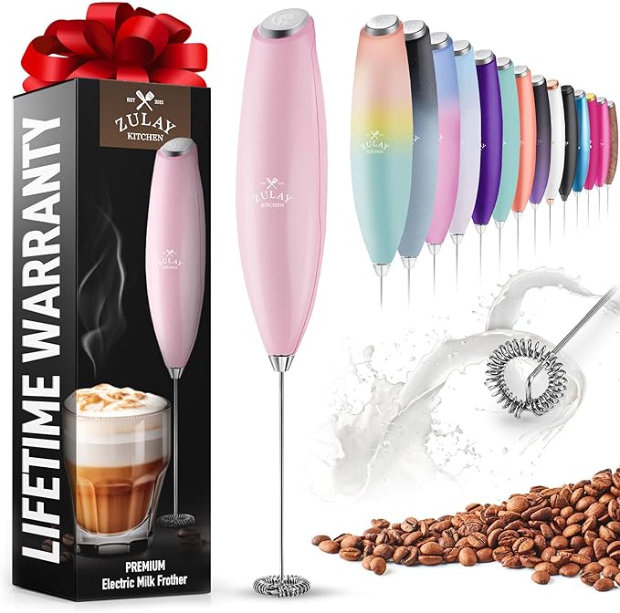 Zulay Powerful Milk Frother for Coffee with Upgraded Titanium Motor - Handheld Electric Whisk, Milk Foamer, Mini Mixer & Coffee Blender for Frappe, Latte, Matcha, No Stand - Pink