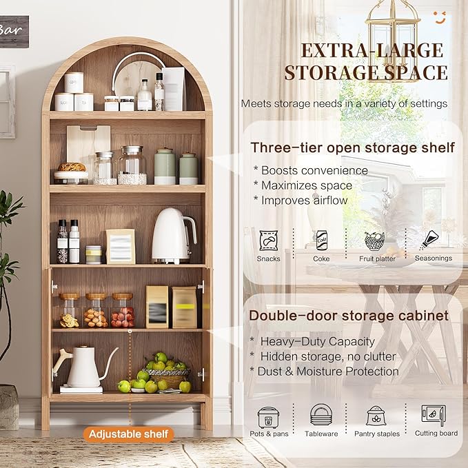71" Tall Arched Kitchen Pantry,Modern Fluted Wood Storage Cabinet with Doors,Adjustable Shelves,Organizer, Versatile Cupboard for Kitchen,Living Room,Dining Room,Bathroom,Oak1
