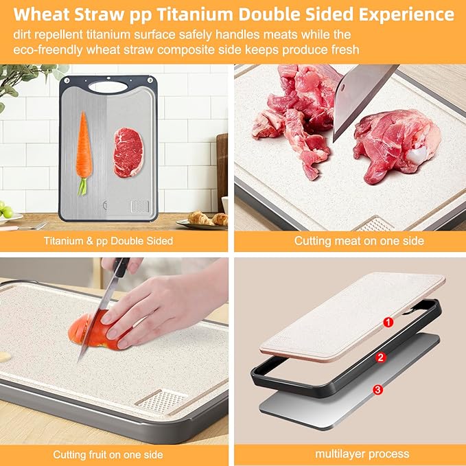Titanium Cutting Board for Kitchen，Suitable for Handling Meat and Vegetables，Cutting Board Double Sided Food Grade，Pure Titanium and Wheat Straw PP，Dishwasher Safe, Easy to Clean, 15.08 * 10.35 Inches