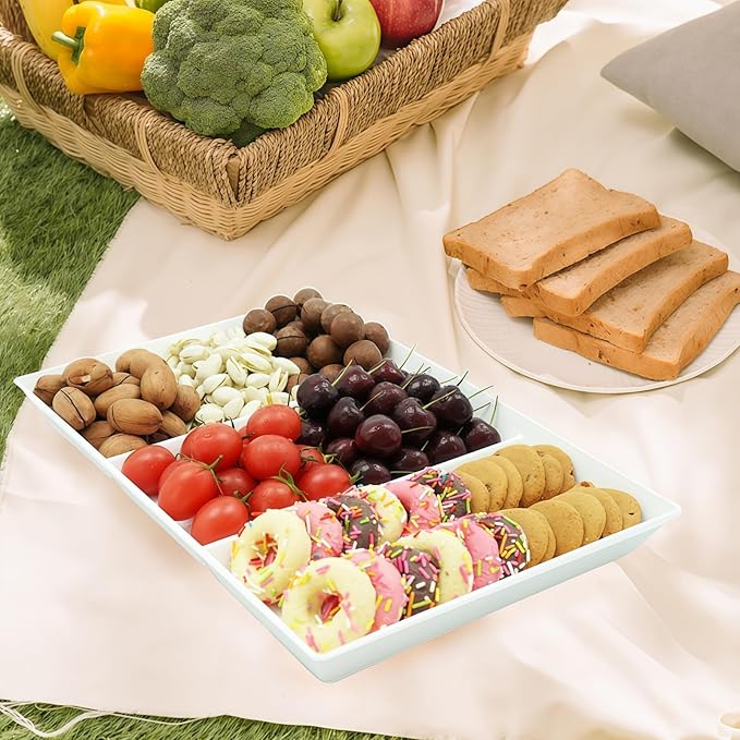 Divided Serving Tray Platter, 3 Pack 15" x 10" Fruit Veggie Food Tray for Party, Plastic Serving Trays for Appetizer, Snack, Dessert, Cookie, Brunch Decorations Platters, White Trays BPA-Free