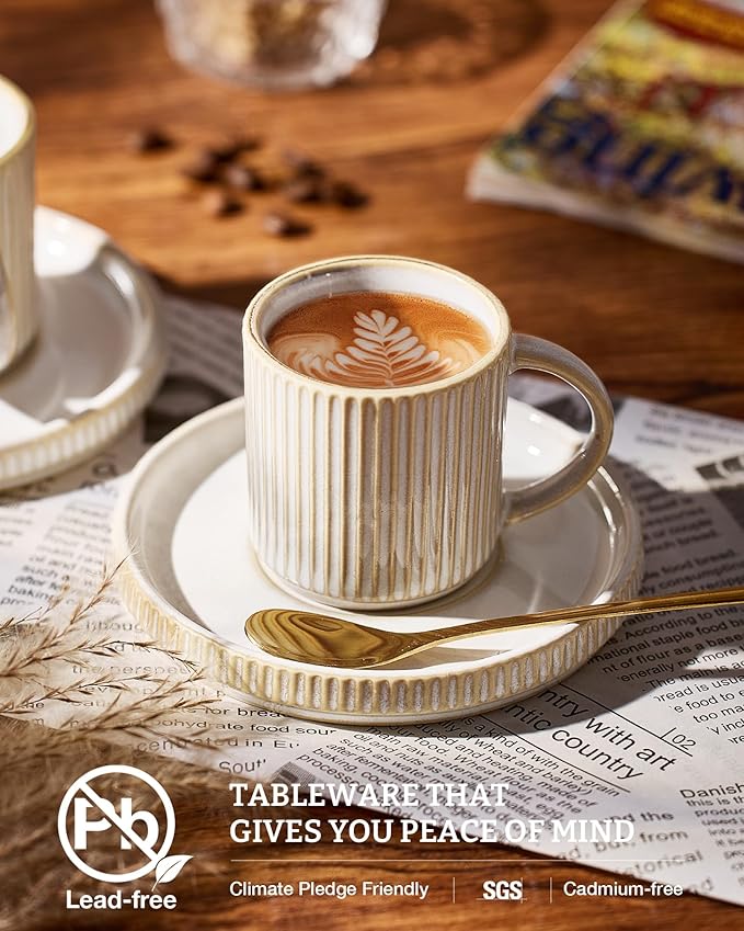 famiware Star Espresso Cups and Saucers Set of 4, [ Mini ] 3 oz Ceramic Small Coffee Mug with Handle, Ribbed Stoneware Demitasse Cup for Tea, Latte - Microwave & Dishwasher Safe - Cappuccino White