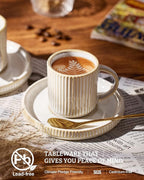 famiware Star Espresso Cups and Saucers Set of 4, [ Mini ] 3 oz Ceramic Small Coffee Mug with Handle, Ribbed Stoneware Demitasse Cup for Tea, Latte - Microwave & Dishwasher Safe - Cappuccino White