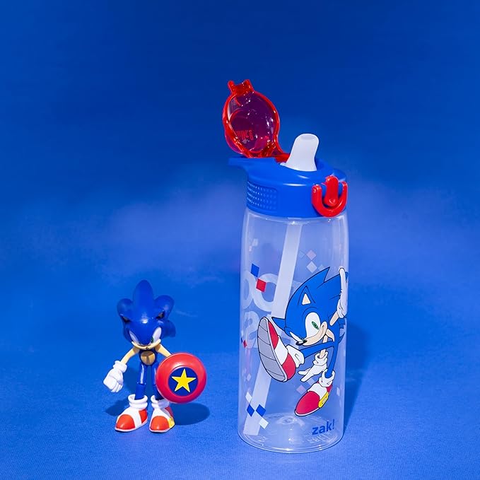 Zak Designs Sonic the Hedgehog Sage Water Bottle For School or Travel, 25oz Durable Plastic Water Bottle With Straw, Handle, and Leak-Proof, Pop-Up Spout Cover (Sonic)