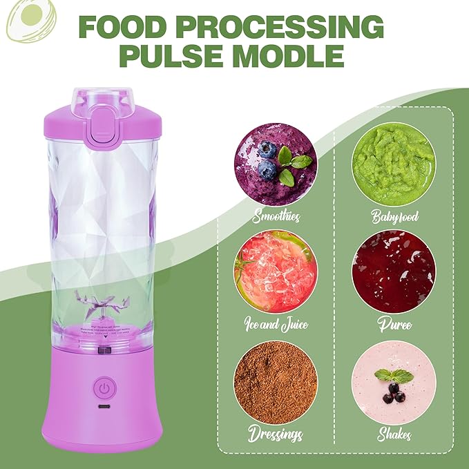 Portable Blender,270 Watt for Shakes and Smoothies Waterproof USB Rechargeable with 20 oz BPA Free a Travel Lid. (Purple, 20 oz)