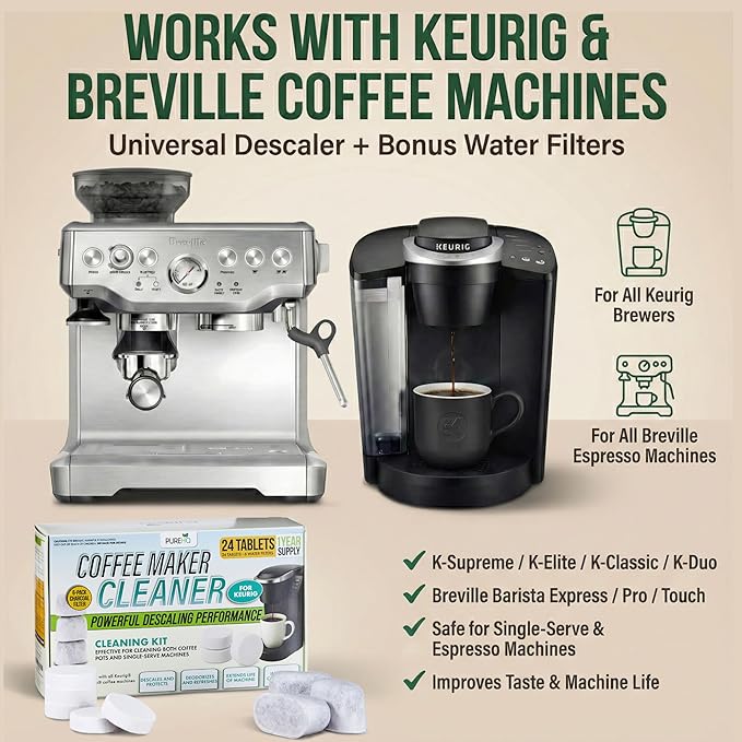 PUREHQ Coffee Machine Descaler Tablets – 24 Count Cleaning Tabs with 6 Keurig Water Filter Cartridges – Compatible with Keurig and Breville Coffee Makers