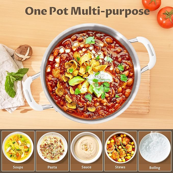 6 Quart Pot with Lid, BEZIA Tri-Ply Stainless Steel Stock Pots, Large Cooking Pots with Silicone Handle, Soup Pot for Induction Cooktop, Compatible with All Cooktops, Dishwasher Safe