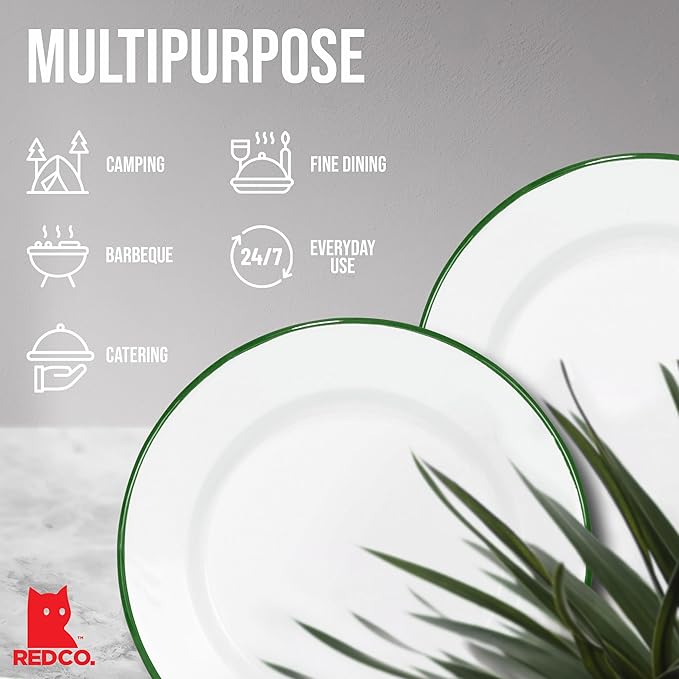 Red Co. Set of 4 Enamelware Metal Classic 10" Round Dinner Plate, Solid White/Dark Green Rim