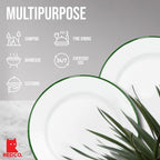 Red Co. Set of 4 Enamelware Metal Classic 10" Round Dinner Plate, Solid White/Dark Green Rim