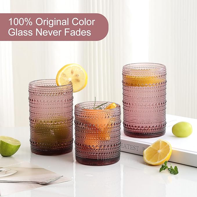 Vintage Hobnail Drinking Glasses Set of 8,Purple 12 oz & 15oz Highball Glass Cups, Kitchen Drinkware Glassware,Embossed Water Tumbler,for Beer,Cocktail,Whiskey,Juice and Various Mixed Drinks