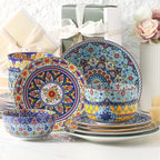 Hasense 18 Pieces Kitchen Dinnerware Sets Service for 6, Bohemian Style Plates and Bowls Set, Ceramic Vintage Tableware Dishes Set, Scratch Resistant Microwave and Dishwasher Safe, Assorted Color