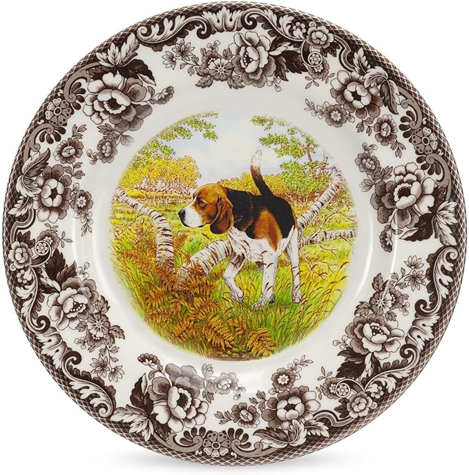 Spode Woodland Beagle Salad Plate - Hunting Dog Design, Traditional British Flowers Border, Animal Motif for Collectors - 8 Inch Fine Earthenware, Dishwasher-Microwave-Freezer Safe, Made in England