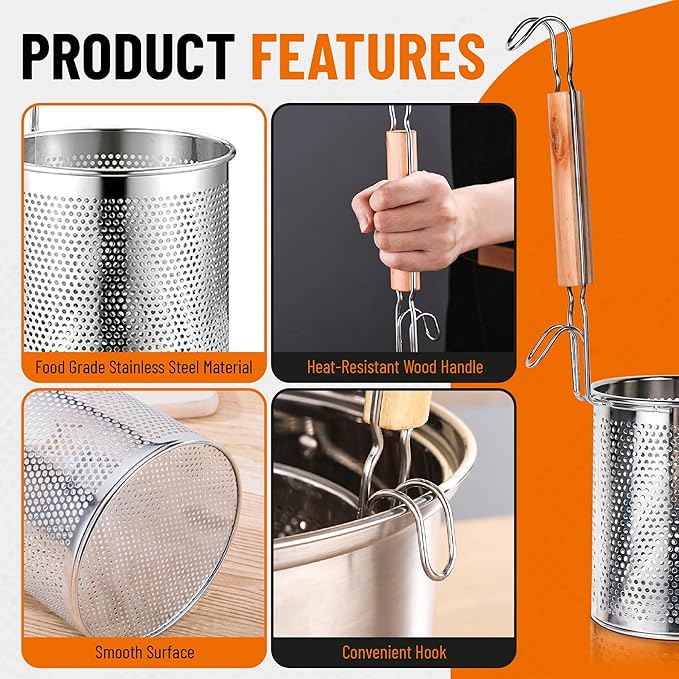 2 Pack Pasta Basket, Stainless Steel Mesh Noodle Strainer Basket with Wooden Handle, for Boiling Food, Pasta, Noodles, Dumpling, Ramen, 4.3''D x 5.7''H