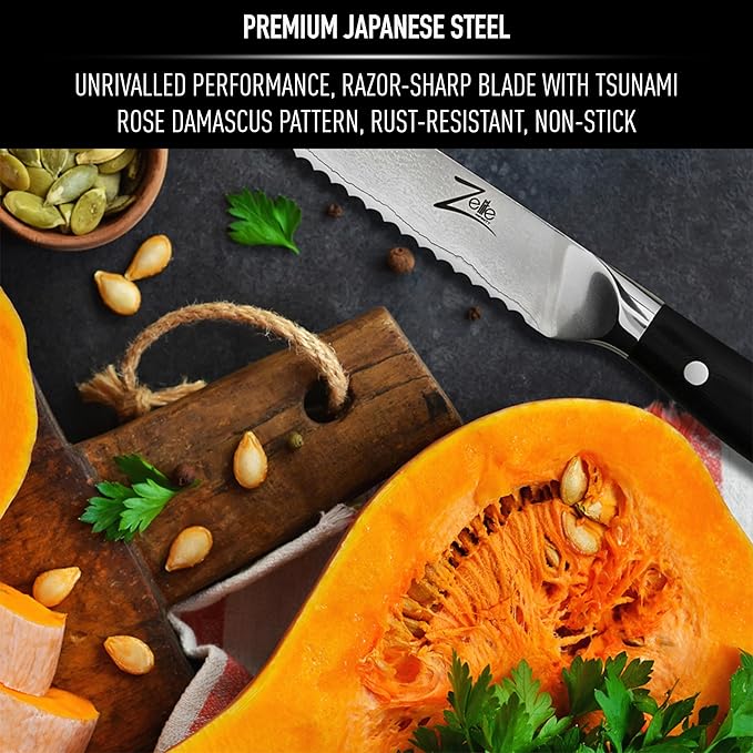 Zelite Infinity 5.5 Inch Serrated Bread Knife for Homemade Bread - Razor Sharp Japanese AUS-10 Super Steel 67-layer Damascus Knife; Sourdough Bread Knife & Bread Cutting Knife - Luxurious Gift Box