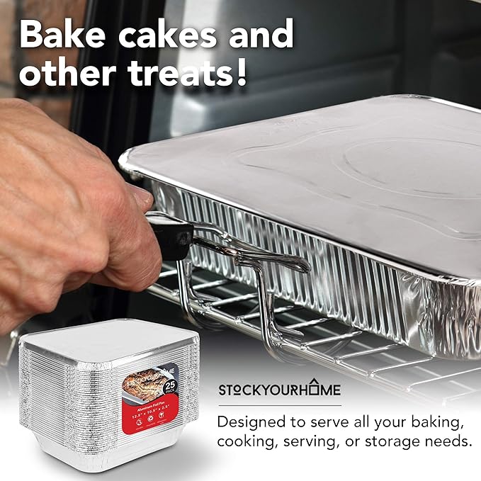 Stock Your Home Foil Pans with Lids - 9x13 Aluminum Pans with Covers - 25 Foil Pans and 25 Foil Lids - Disposable Food Containers Great for Baking, Cooking, Heating, Storing, Prepping Food Silver