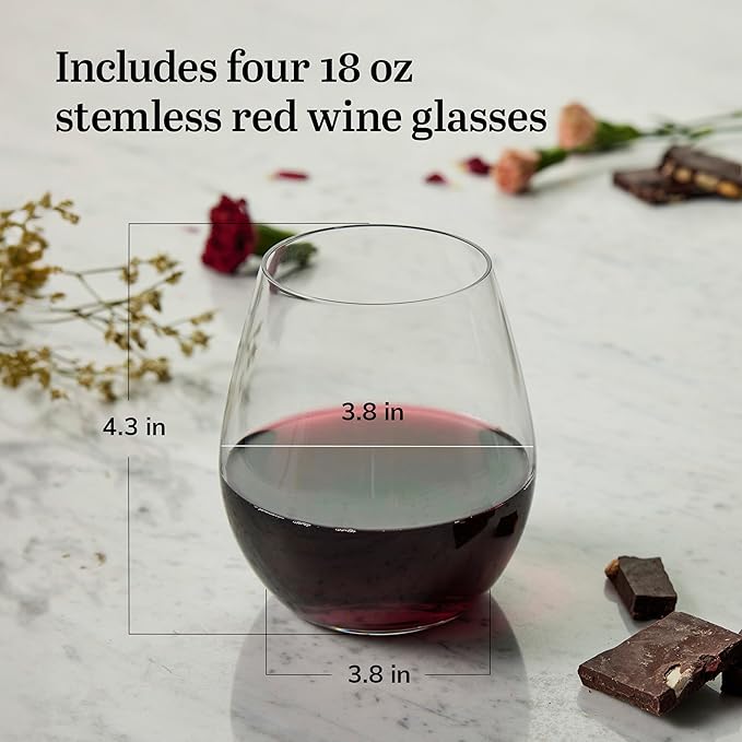 Libbey Signature Red Wine Glasses Set of 4, Elegant, Dishwasher Safe Glass Stemless Wine Glasses, Elegant Wine Glasses for Weddings, Birthdays & More