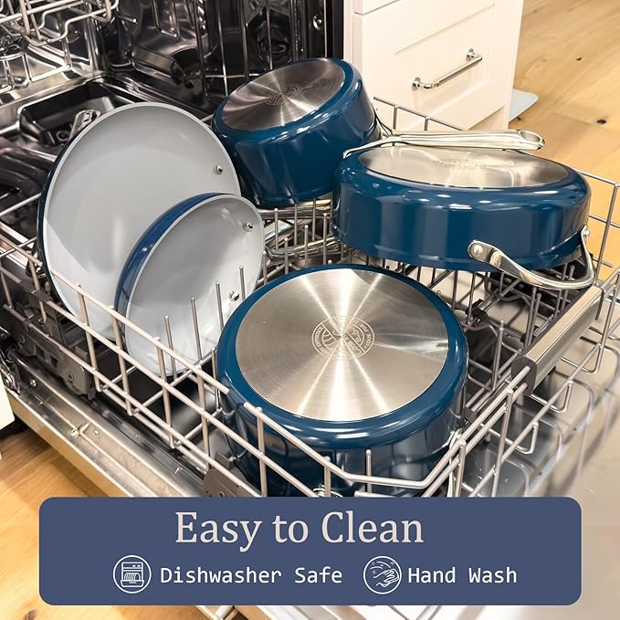 Ceramic Cookware Set Nonstick Pots and Pans Set with Lid PFAS-Free Non Toxic Cookware Set with Advanced G7 Ceramic Coating, Oven Safe Up To 500°F, Quick & Even Heat Distribution, Navy Blue