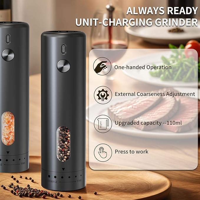 Electric Salt and Pepper Grinder Set Automatic Pepper Mill Shakers Adjustable Coarseness Easy Filling Upgraded USB Rechargeable Electric Spice Mill Set with Led (2 Pack Black/Black）