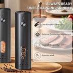 Electric Salt and Pepper Grinder Set Automatic Pepper Mill Shakers Adjustable Coarseness Easy Filling Upgraded USB Rechargeable Electric Spice Mill Set with Led (2 Pack Black/Black）