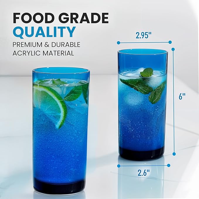 Zulay Kitchen Acrylic Glasses Drinkware - 6 Piece Unbreakable Plastic Tumblers - BPA-Free, Reusable Plastic Drinking Glasses for Home & Outdoors - Stackable, Lead-Free, Dishwasher Safe, Blue (16oz)