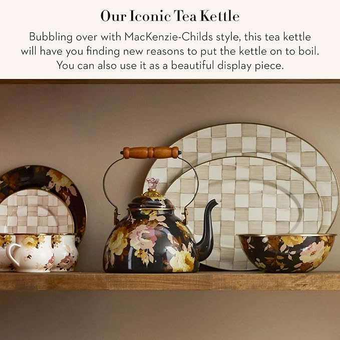 MACKENZIE-CHILDS Enamel Tea Kettle, Decorative Tea Kettle for Stovetop, 3 Quarts, Wild Rose Brown